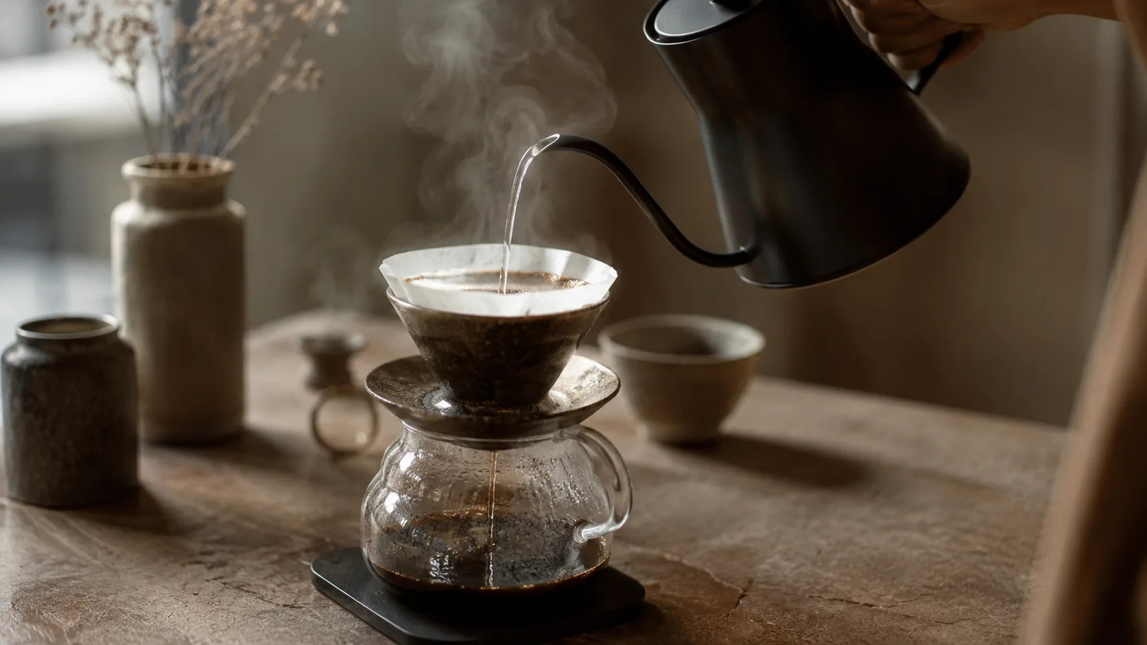 A slow pour-over coffee brew in progress, steam rising over a paper filter in warm morning light.