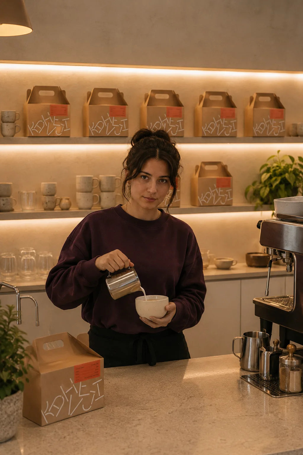A Kahveji barista in a plum sweater pouring steamed milk into a cup behind the café counter, with warm-lit shelves of Kahveji kraft boxes and ceramic cups behind her.