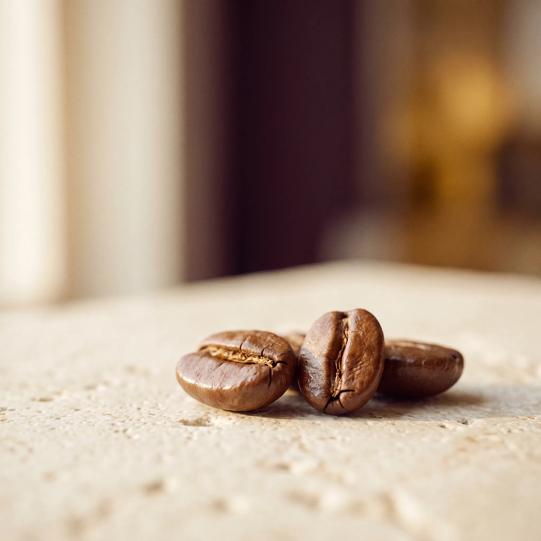 A macro close-up of glossy fresh-roasted coffee beans.