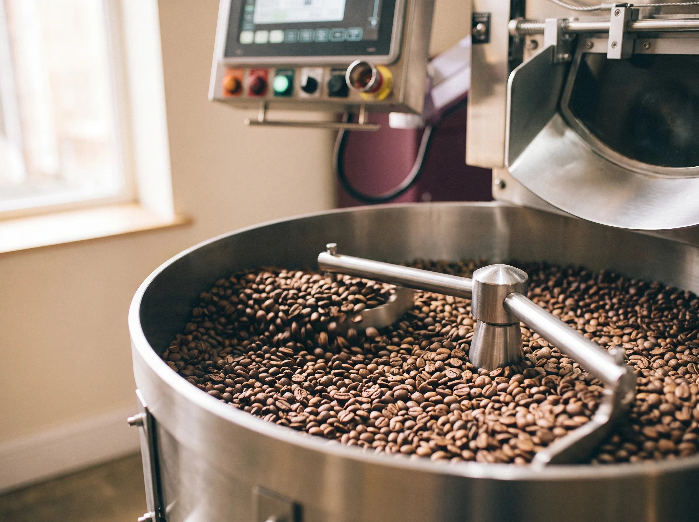 Roasted coffee beans tumbling inside the drum of the roaster.
