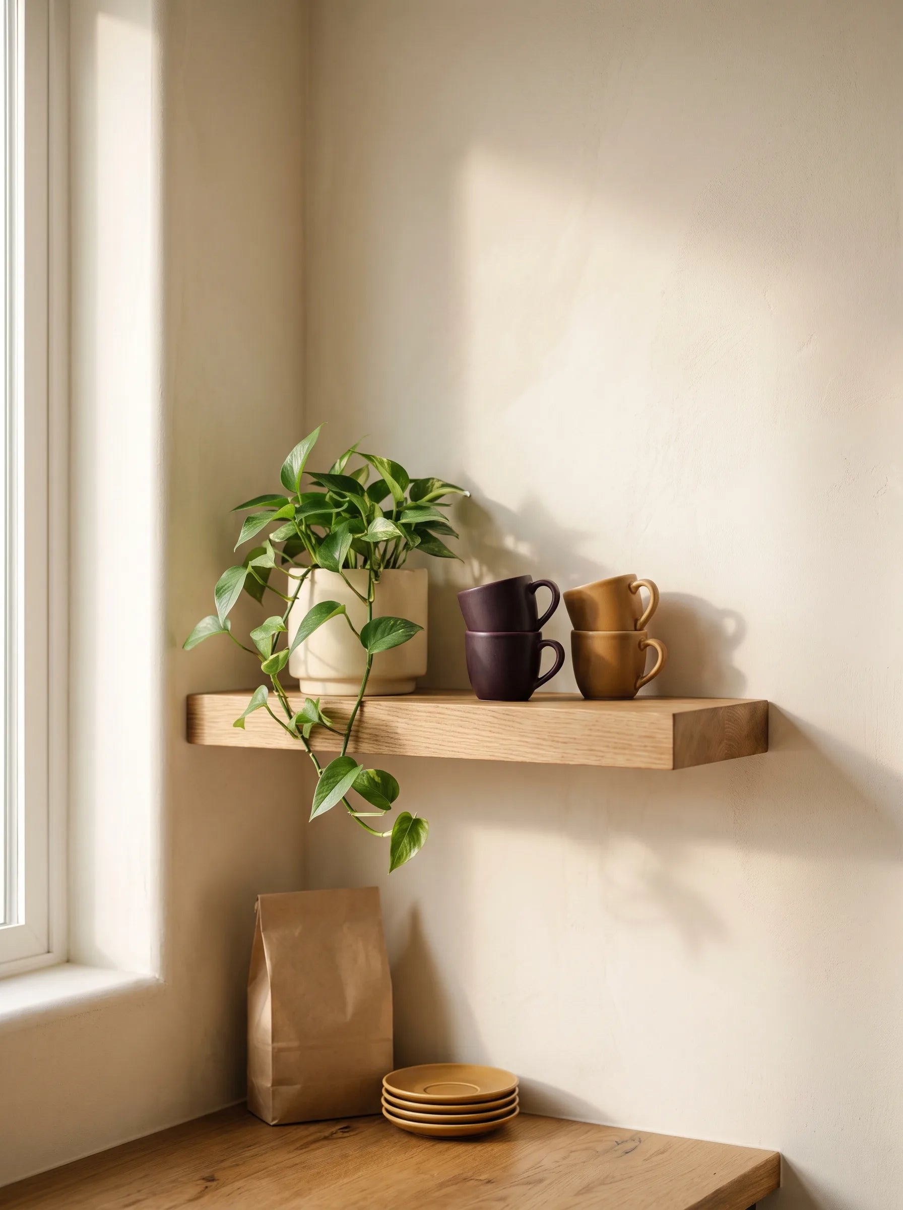 A still life of Kahveji packaging and ceramics arranged on a warm-lit shelf.