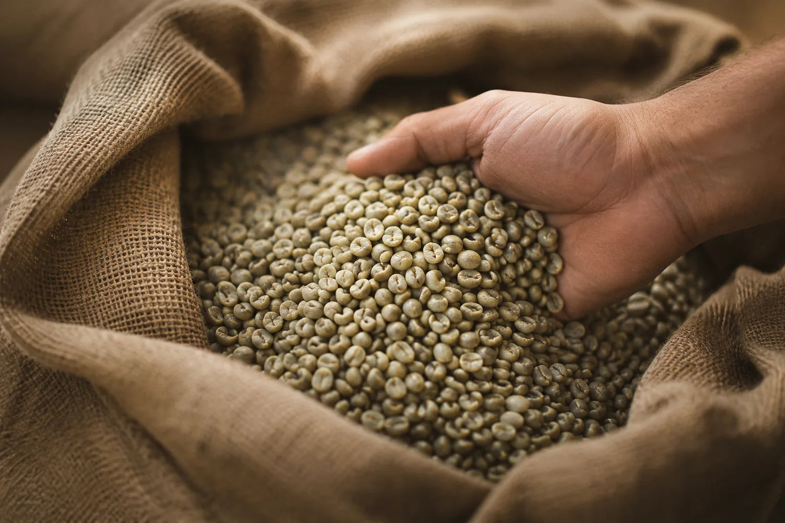 A hand scooping through raw green coffee beans in a burlap sack.